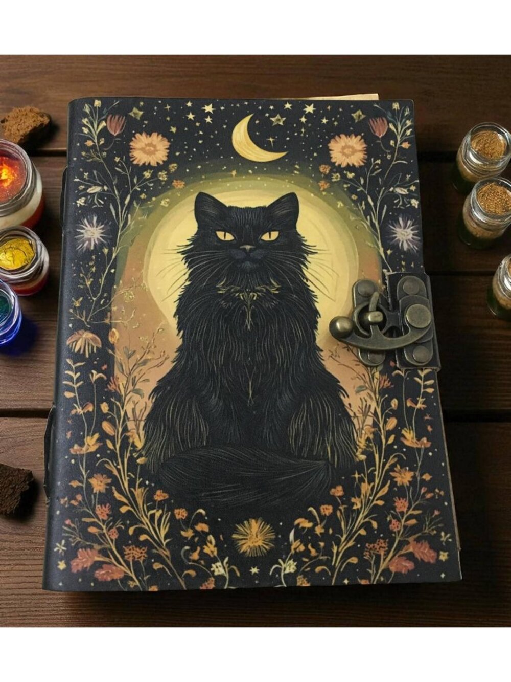 Black Cat & Crescent Moon Leather Journal